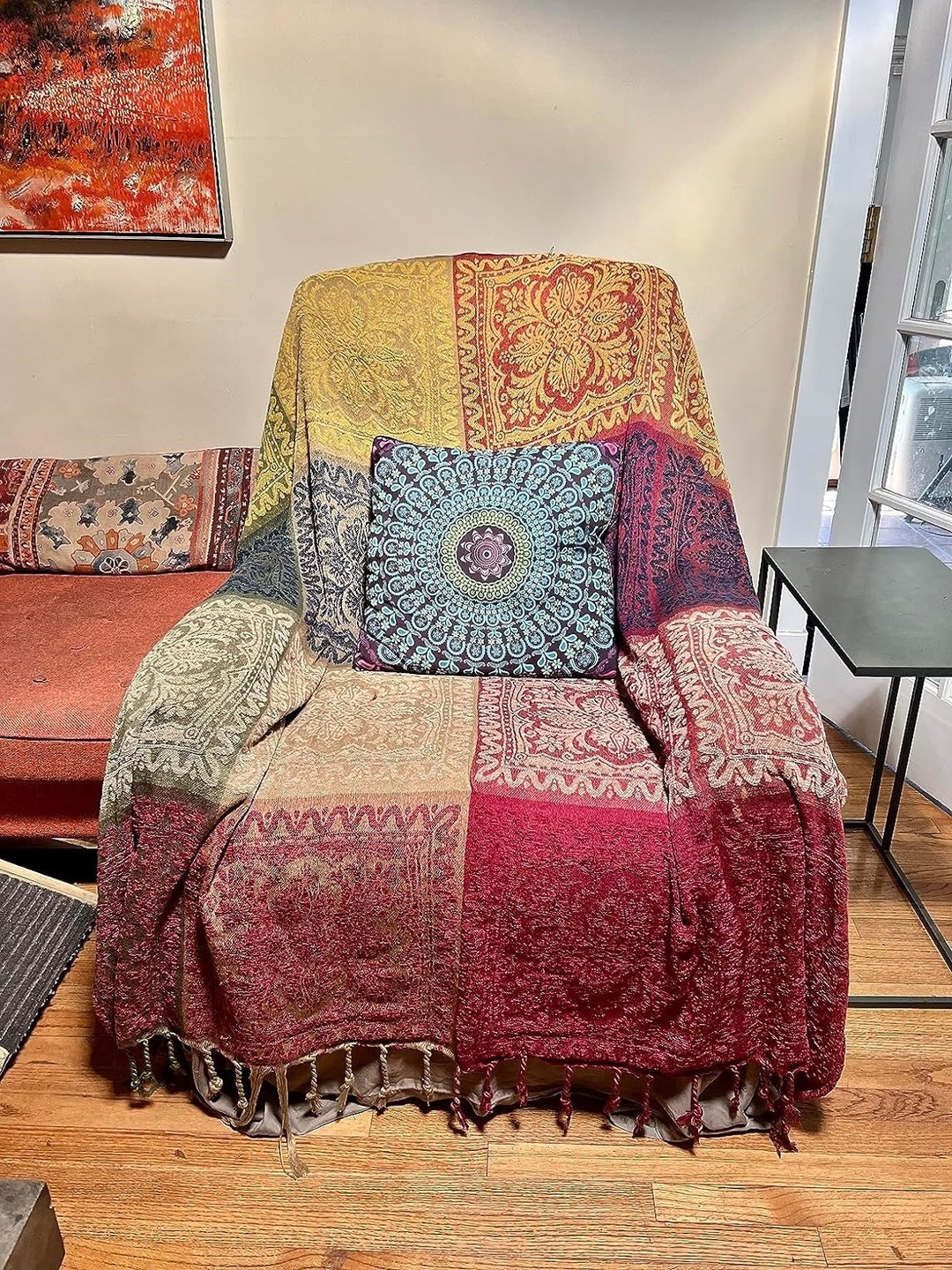 Boho Throw Blanket, Colorful Chenille Jacquard Bohemian Chair Recliner Furniture Cover Aztec