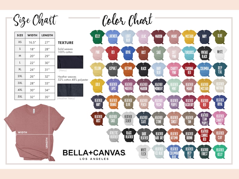 May include: A product chart displays t-shirt sizes and colors. The size chart shows measurements in inches, with sizes ranging from XS to 5XL. The color chart features a wide array of hues, including Kelly green, lavender, and maroon. The brand name is Bella+Canvas.
