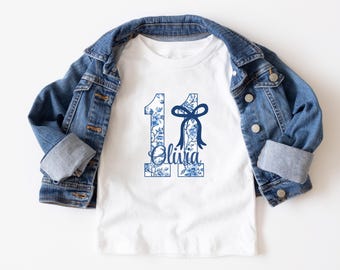 Personalized 11th Birthday Girl Shirt Birthday Party Tee, Blue Coquette Eleventh Birthday Shirt, 11th Birthday Gift from Mom for 11th Bday