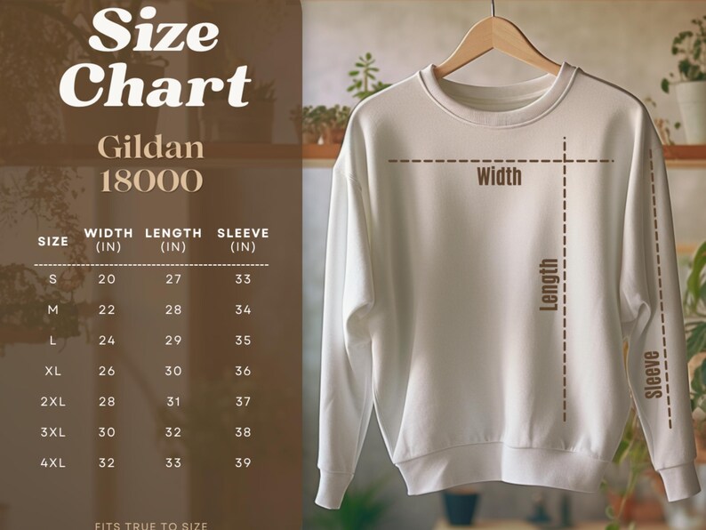 K&ouml;nnte beinhalten: Gr&ouml;&szlig;entabelle f&uuml;r Gildan 18000 Sweatshirts, die Breite, L&auml;nge und &Auml;rmell&auml;nge in Zoll f&uuml;r die Gr&ouml;&szlig;en S bis 4XL zeigt.  FITS TRUE TO SIZE.