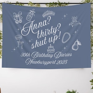 Może przedstawiać: Niebieski baner z białym tekstem i ilustracjami. Tekst brzmi "Anna? thirty? shut up! 30th Birthday Diaries Newburyport 2025". Ilustracje obejmują koronę, kieliszek szampana, naszyjnik, gruszkę, ciasto i parę but&oacute;w.
