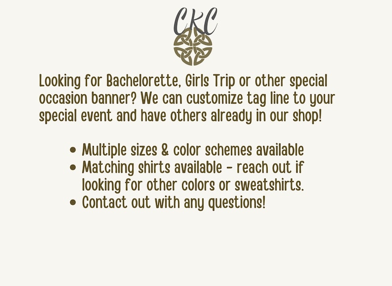 Może przedstawiać: Baner z tekstem "Looking for Bachelorette, Girls Trip or other special occasion banner? We can customize tag line to your special event and have others already in our shop!"  Dostępne są r&oacute;żne rozmiary i schematy kolor&oacute;w. Dostępne są r&oacute;wnież pasujące koszule. Skontaktuj się z nami w razie pytań.