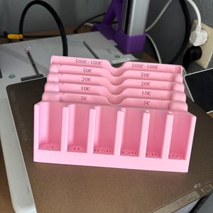 Może przedstawiać: Różowy plastikowy organizer na monety z przegródkami na różne nominały monet euro. Organizer jest oznaczony etykietami 500€-100€, 50€, 20€, 10€ i 5€.