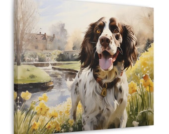 English Springer Spaniel Wall Art - great gift for dog owners, this watercolor canvas print is of a Springer Spaniel surrounded by daffodils