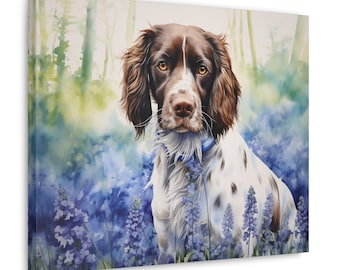 English Springer Spaniel Wall Art - great gift for dog owners, watercolor canvas print of a English Springer Spaniel surrounded by bluebells