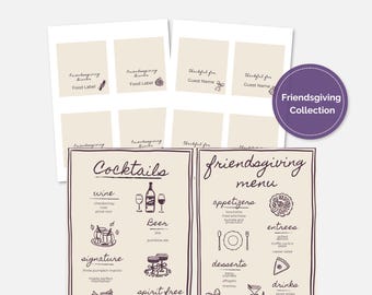 Puede incluir: Un conjunto de artículos de papelería con temática de Friendsgiving. Incluye tarjetas de menú con opciones de cócteles y cenas, etiquetas de alimentos y tarjetas de nombres de invitados. El diseño presenta ilustraciones dibujadas a mano.