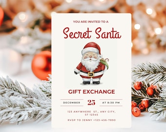 Può includere: Un invito festivo per uno scambio di regali di Secret Santa. La carta presenta un'illustrazione ad acquerello di Babbo Natale in abito e cappello rossi, con un sacco di regali. Il testo include i dettagli dell'evento: data, ora e luogo.