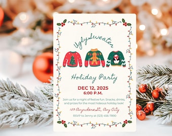 Può includere: Invito a una festa natalizia color crema con un design festivo. L'invito presenta tre brutti maglioni illustrati, il testo "Holiday Party" e i dettagli dell'evento. Una ghirlanda di luci e bacche di agrifoglio incorniciano l'invito.