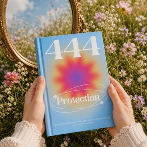 May include: A light blue hardcover book featuring the number 444 in large white text, a central red and yellow aura graphic, and the word Protection encircled by thin white lines with small star accents, plus small white text at the bottom.