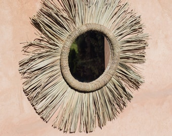 Natural palm leaf mirror Myrina, round boho mirror 40 cm diameter