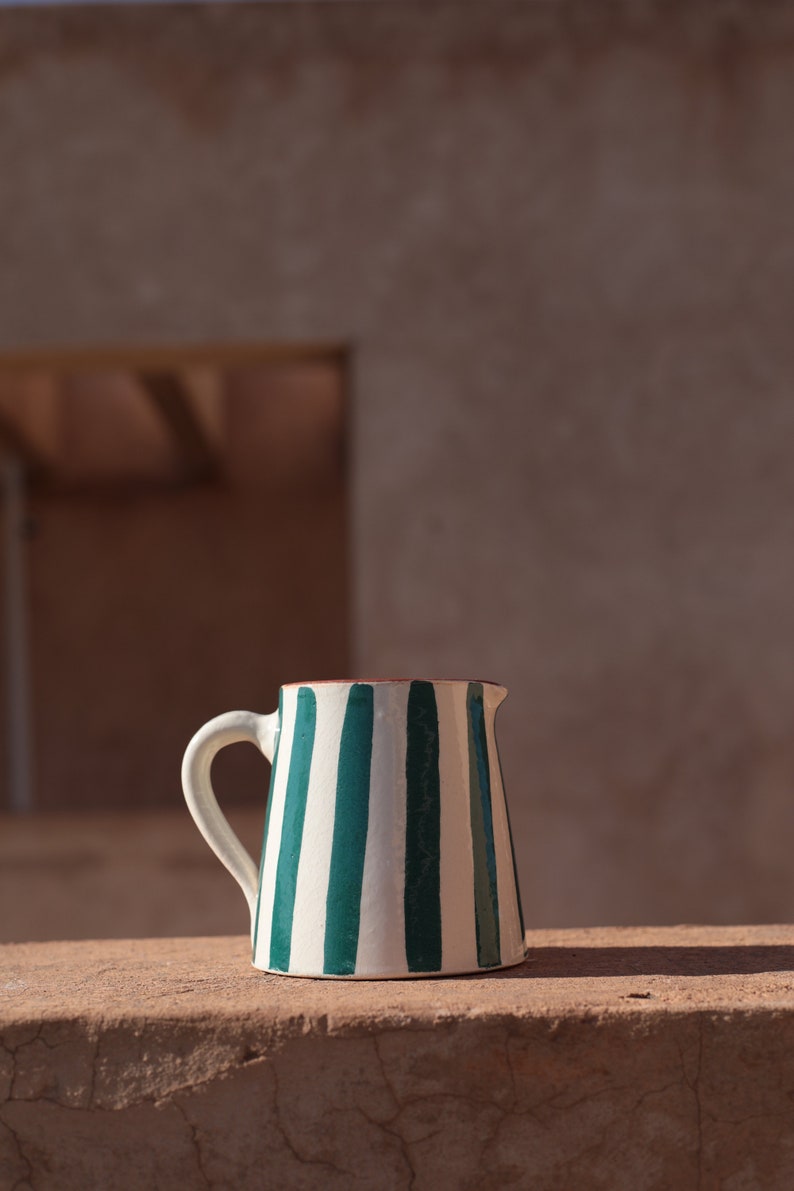 Nayla striped artisan carafe, handmade ceramic pitcher, turquoise Moroccan pitcher, water carafe image 2