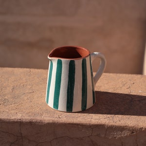 Nayla striped artisan carafe, handmade ceramic pitcher, turquoise Moroccan pitcher, water carafe image 1