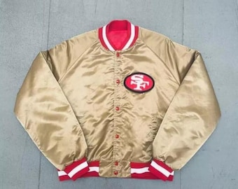Satin Varsity Jacket Gold San Francisco - Retro 80s Vintage Style Custom Varsity Jacket 49ers Satin Bomber Jacket For Man And Women