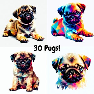 May include: Four images of pugs with a geometric pattern design. The pugs are in different poses and have different colored patterns. The text "30 Pugs!" is in the center of the image.