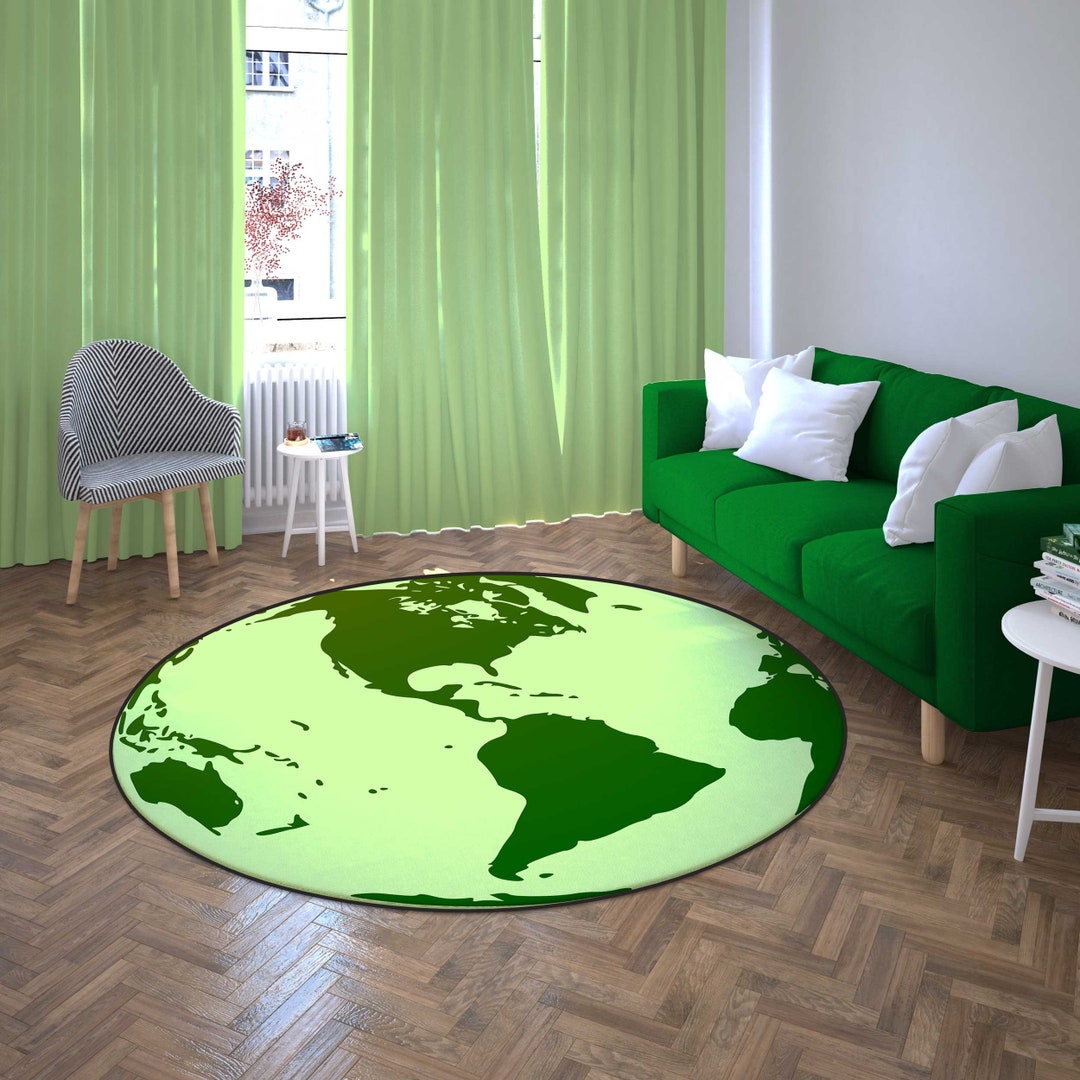 Green World Rug, World Rug, World Map Rug, Vibrant Printed Earth