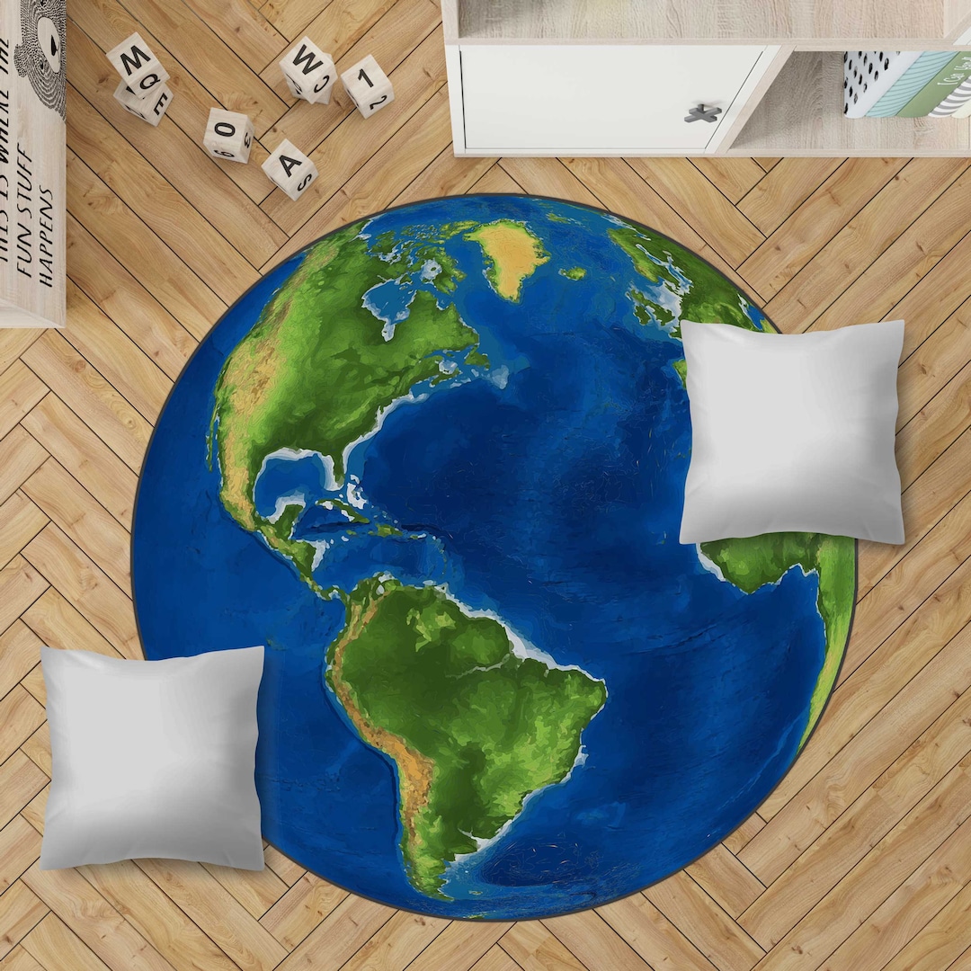 World Rug, World Map Rug, Vibrant Printed Earth Round Rug, Earth