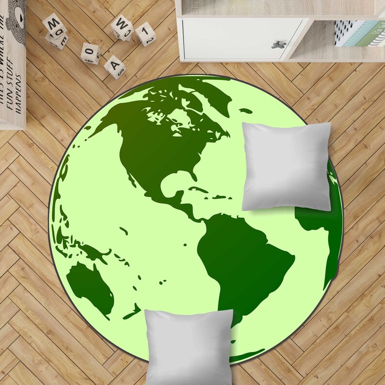 Green World Rug, World Rug, World Map Rug, Vibrant Printed Earth