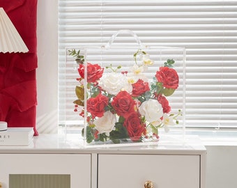 Classic Luxurious: Red & White Rose Artificial Flowers Mica Box - Home and Office Decoration | Everlasting Silk Flowers Display