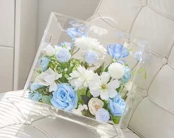 Elegant Artificial Silk Flower Decor Mica Box in Mixed Blue & White - Perfect for Office and Home Decoration| Eternal Serenity