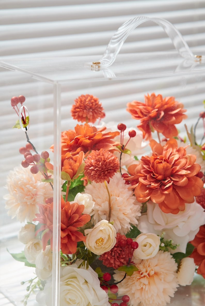 Autumn Radiance: Lush Orange & Cream Artificial Silk Floral Mica Box Home and Office Decoration Enduring Splendor Silk Flowers image 6