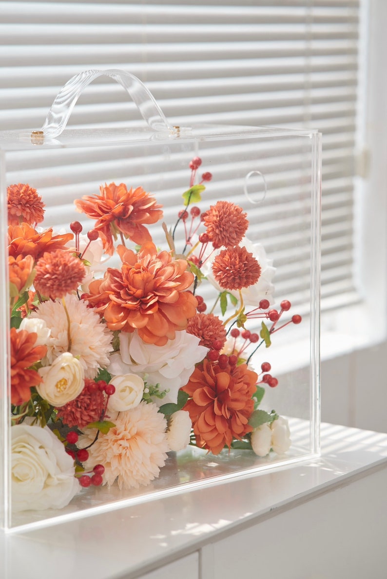 Autumn Radiance: Lush Orange & Cream Artificial Silk Floral Mica Box Home and Office Decoration Enduring Splendor Silk Flowers image 7