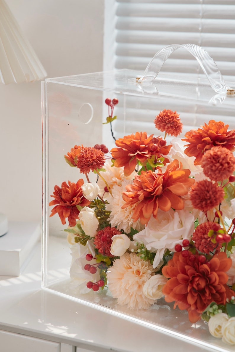 Autumn Radiance: Lush Orange & Cream Artificial Silk Floral Mica Box Home and Office Decoration Enduring Splendor Silk Flowers image 2