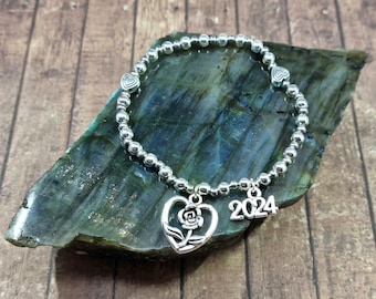 Elegant Silver heart metal bracelet, silver bead bracelet, stretch bracelet with 2 charms of your choice, Metal Charms