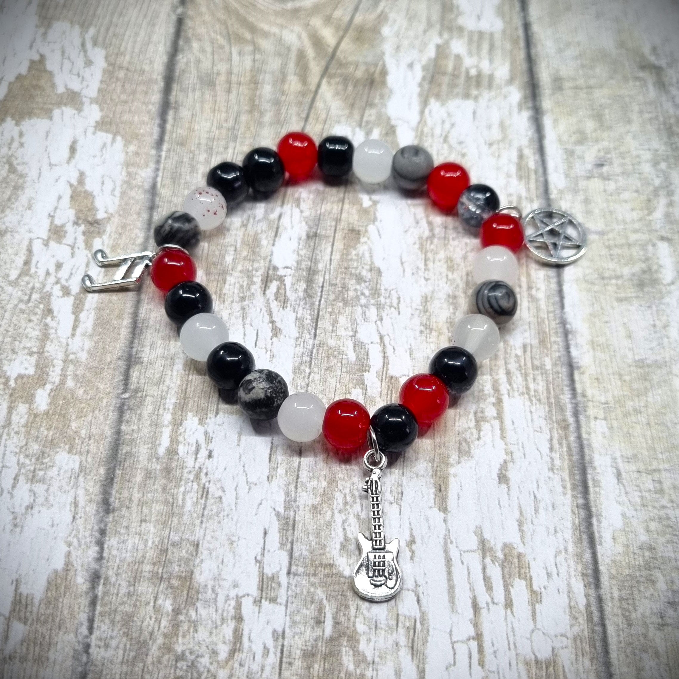 Handmade Music Inspired Charm Bracet, Elasticated, Glass Beads, Metal Charms