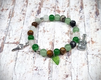 Handmade Joel TLOU The Last Of Us with Watch and Acoustic Guitar Inspired Bracelet, Elasticated, Glass Beads, Metal Charms