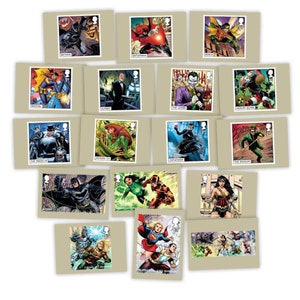 DC Heroes - Cartes postales de la collection - Un lot de 19 cartes postales présentant des agrandissements de chacun des timbres spéciaux de la collection DC.