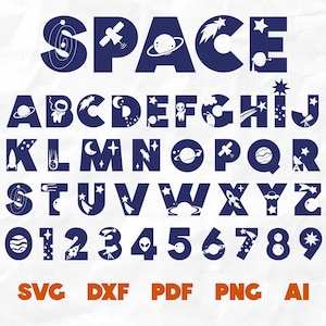 Alfabeto espacial SVG / Fuente espacial Svg, Fuente de astronauta, Letras y números de cumpleaños de niños cósmicos / Archivos cortados para Cricut y Silhouette
