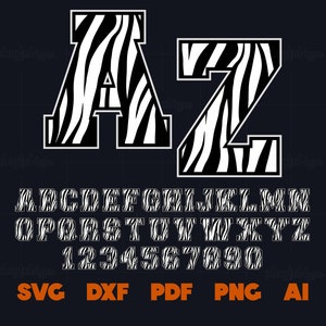 Könnte beinhalten: Schwarz-weiße Zebra-Muster-Alphabetbuchstaben und -zahlen. Die Buchstaben sind in Großbuchstaben und die Zahlen in Fettdruck. Die Buchstaben A und Z sind größer als der Rest des Alphabets. Der Text "SVG DXF PDF PNG AI" wird unterhalb des Alphabets angezeigt.
