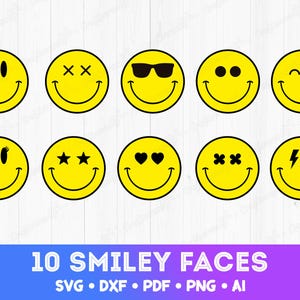 Könnte beinhalten: Zehn gelbe Smiley-Gesichter mit schwarzen Umrissen, jedes mit einem anderen Ausdruck, einschließlich Sonnenbrillen, Sternen und Herzen. Der Text "10 SMILEY FACES" wird darunter zusammen mit Dateitypoptionen angezeigt.
