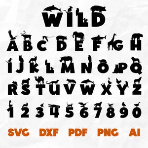Fuentes de animales salvajes SVG / Alfabeto de animales Svg, Letras de vida silvestre, Silueta de animales, Números de fiesta de cumpleaños / Archivos de corte Cricut y Silhouette