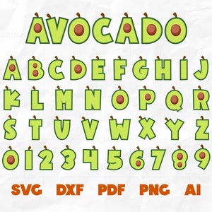 May include: Avocado alphabet and numbers in green with brown pits. The letters are uppercase and the numbers are in a bold font. The letters are A-Z and the numbers are 0-9. The words SVG, DXF, PDF, PNG, and AI are in orange below the letters and numbers.
