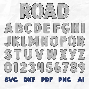 Carattere stradale SVG / Lettere stradali, Numeri stradali, Alfabeto della pista da corsa, Numeri della pista dell'auto di compleanno / File di taglio per Cricut e Silhouette