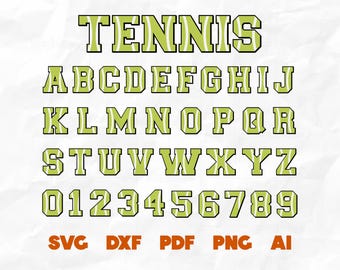 Alfabeto de tenis SVG: fuente universitaria, letras y números (archivos digitales)