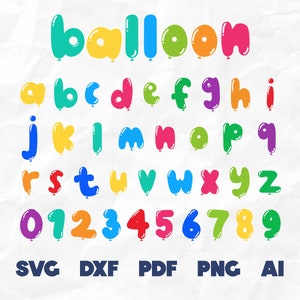 May include: A colorful alphabet and numbers in the shape of balloons. The word "balloon" is spelled out in large letters at the top of the image. The letters are in various colors, including red, orange, yellow, green, blue, and purple.