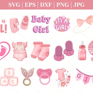 Clipart de douche de bébé aquarelle, clipart nouveau-né, clipart pour nouveau-né, clipart bébé de bienvenue, paquet de cliparts bébé fille, png de révélation de genre