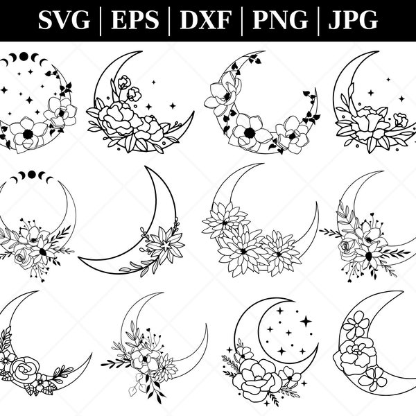 Moon SVG Bundle, Floral Moon svg, Mystic Celestial Svg, Moon and Stars SVG, Crescent Moon Svg, Cut File for Cricut, Silhouette