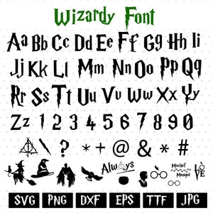 May include: A black and white digital font set called "Wizardy Font" featuring the alphabet, numbers, and symbols. Includes various graphic elements and file type options like SVG, PNG, and JPG. The font has a unique, stylized design.