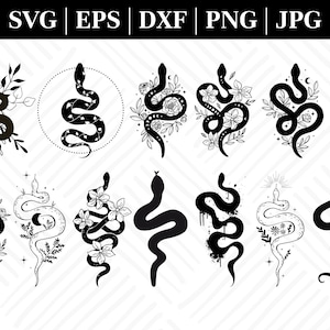 Floral Snake Svg Bundle, Celestial snake svg, Snake with flowers svg, Mystical snake svg, Snake design Svg, Cut Files For Cricut, Silhouette