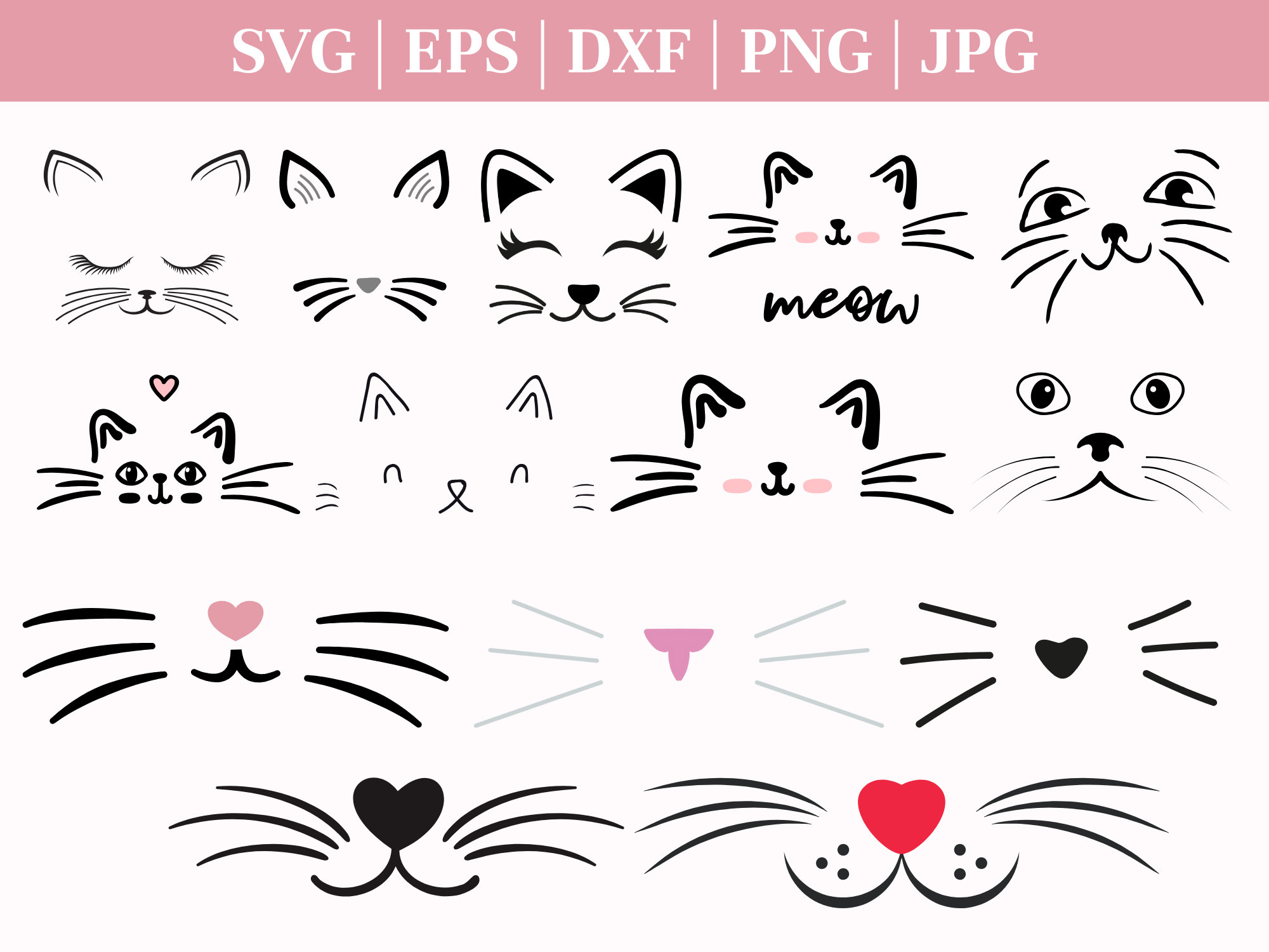 Cat Face SVG Kitten whiskers cut file Cute Kitty Eyelashes Baby cat head Kawaii Birthday Girl Silhouette Cricut