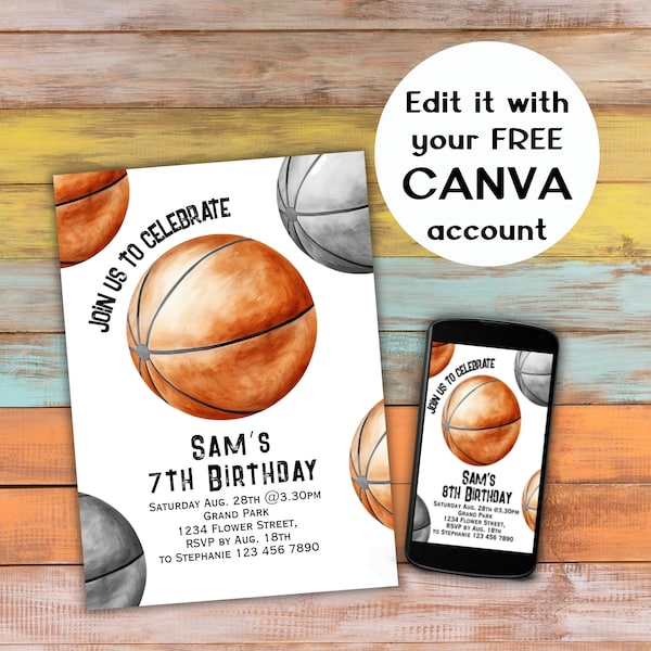 Basketball Birthday Invitation Editable Canva Template Boys Girls Gender Neutral Downloadable Printable Double Sided Basket Ball Bday Invite