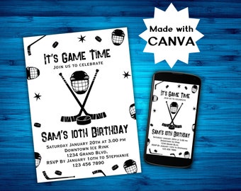 Ice Hockey Birthday Party Invitation, Ice-Skating Invite, Canva Template, Kids Hockey Bday Party Printable, Double Sided Winter Skating