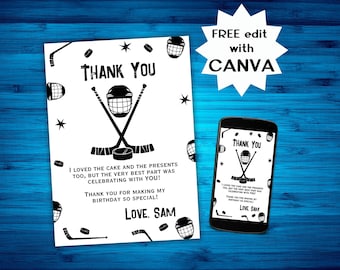 Ice Hockey Birthday Thank You Card Canva Template Kids Children Digital Printable Editable Double Sided Black White Cool Gender Neutral