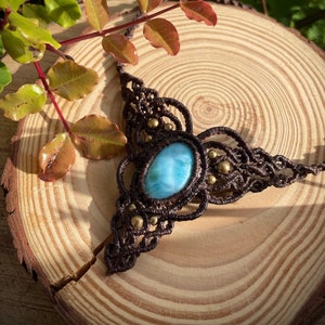 Macrame choker, Larimar natural stone, brass, ethnic, Boho jewelry, hippie, hippy, necklace, gothic, romantic, micro