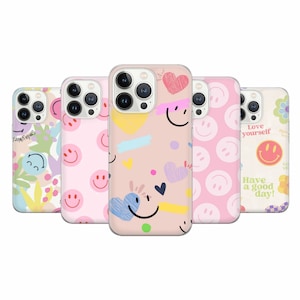 Vintage Smiley Handyhülle Preppy Summer Vibes Cover für iPhone 16 Pro, 15, 14, 13, 12, 11, Google Pixel 9 Pro, 8, 7A, Samsung Galaxy S24 fe,