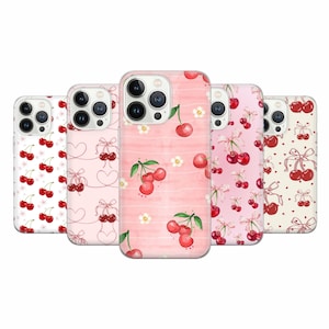 Cherry Phone Case Red Cherries Bows Cover for iPhone 16 Pro, 15, 14, 13, 12, 11, Google Pixel 9 Pro, 8, 7A, Samsung S25, S24 FE, A26, A36