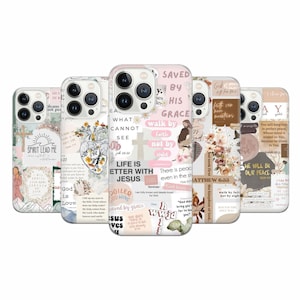 May include: A set of four phone cases with a pink and white background featuring inspirational quotes and floral designs. The cases have a collage aesthetic with various religious and spiritual messages. The text includes phrases like "Spirit Lead Me", "Saved by His Grace", "Life is Better with Jesus", and "God is Love".